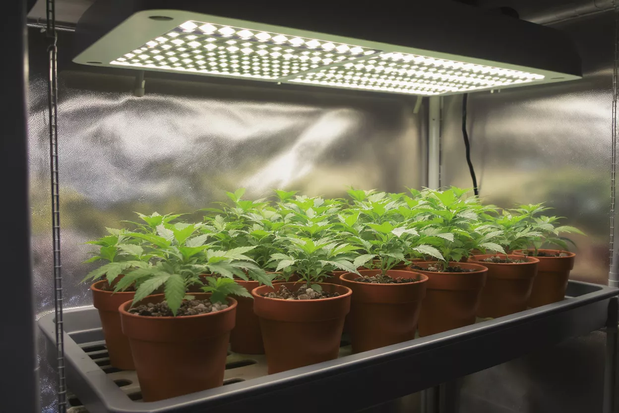 Luces de cultivo para plantas de interior Pequeñas plantas verdes en macetas bajo una luz LED de cultivo brillante en una tienda de interior.