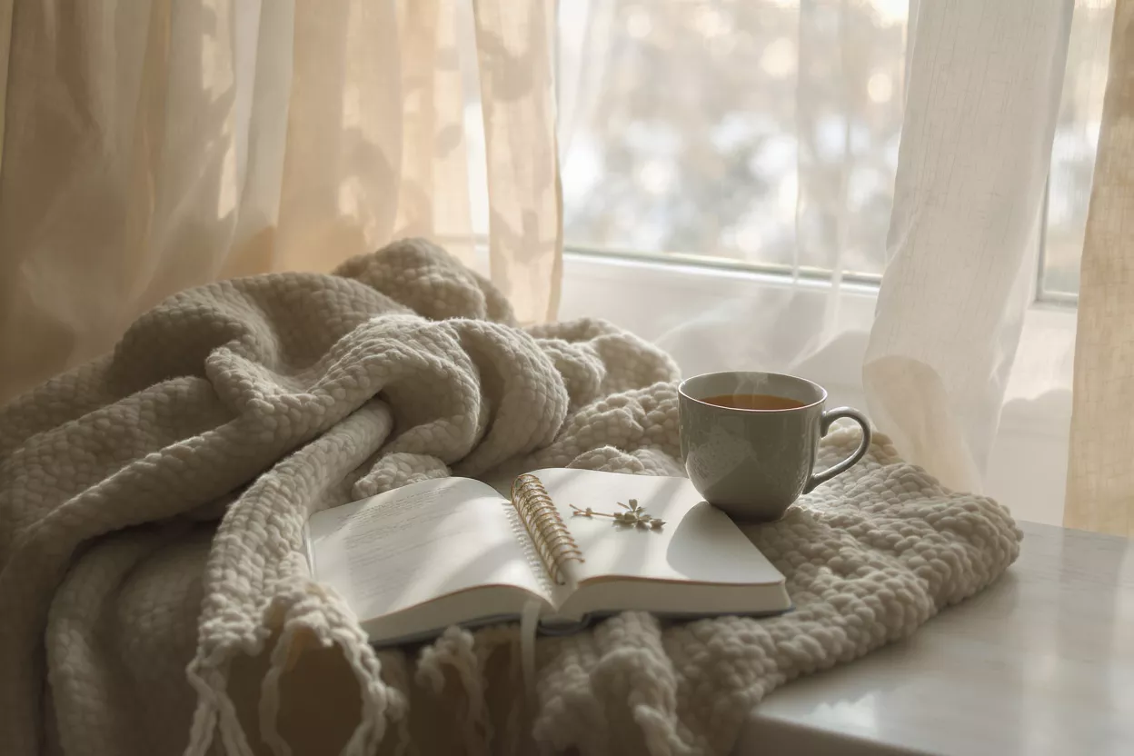 A warm blanket, open journal, and steaming tea cup by a sunlit window.