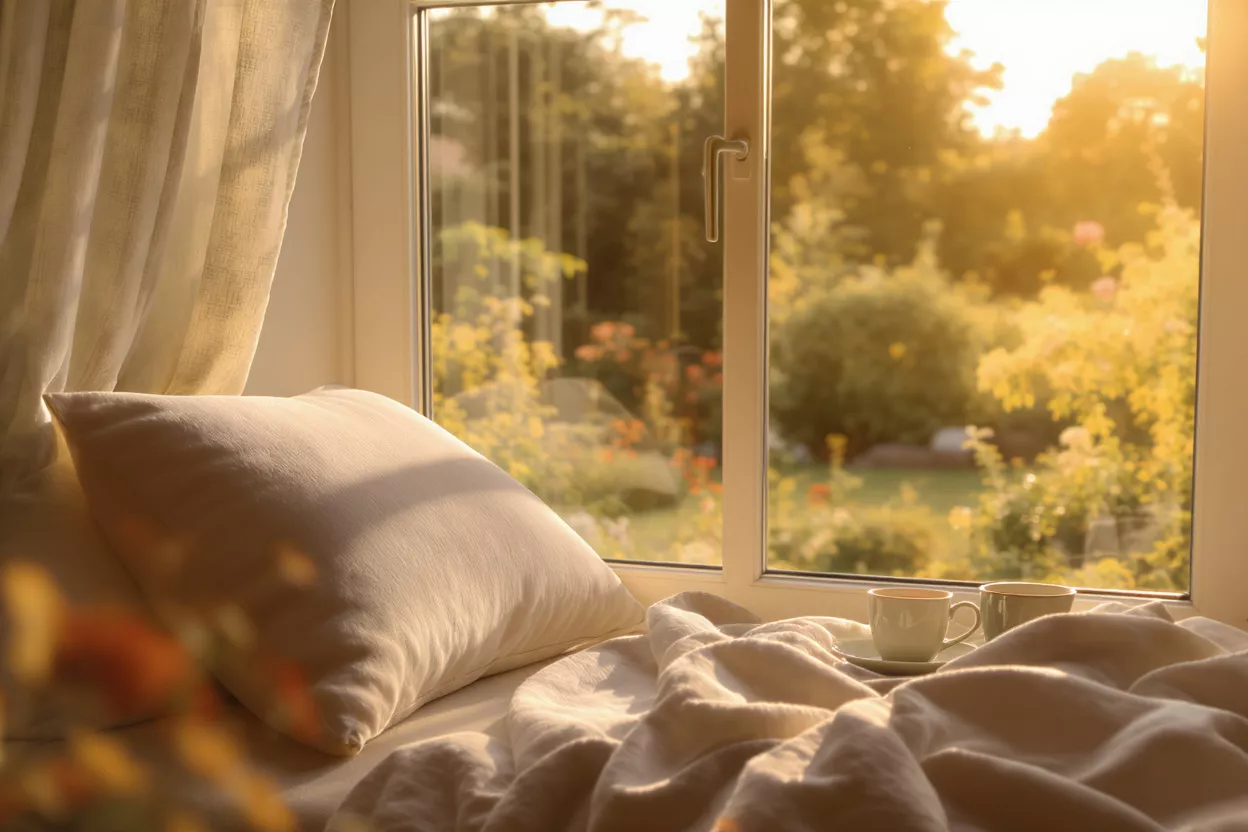 A cozy bed with pillows and blanket by a window overlooking a sunny garden.