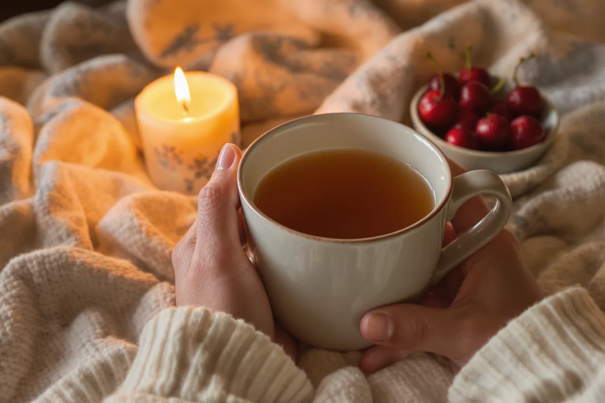 Hands holding a warm cup of tea beside a lit candle and bowl of cherries.