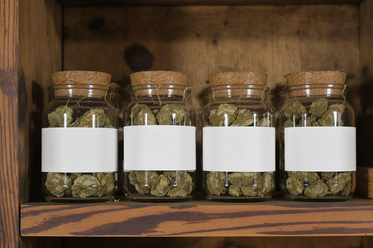 Four glass jars with dried herbs, cork lids, and blank labels on a wooden shelf.