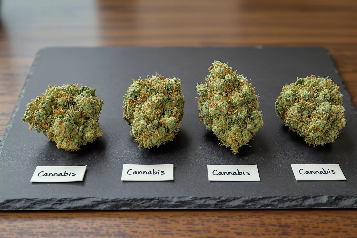 Four cannabis buds with green and orange hues displayed on a dark slate tray.