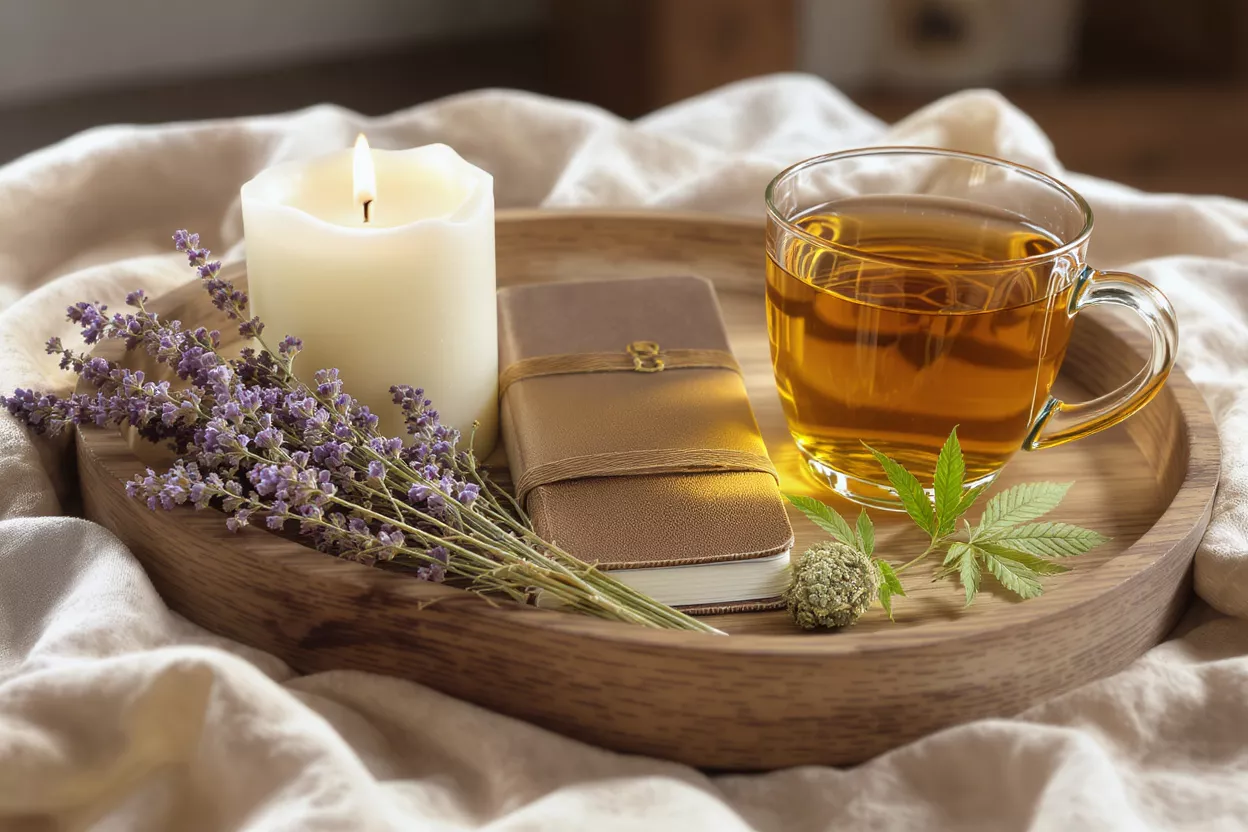 A wooden tray with cannabis tea, lavender, candle, and notebook for relaxation.