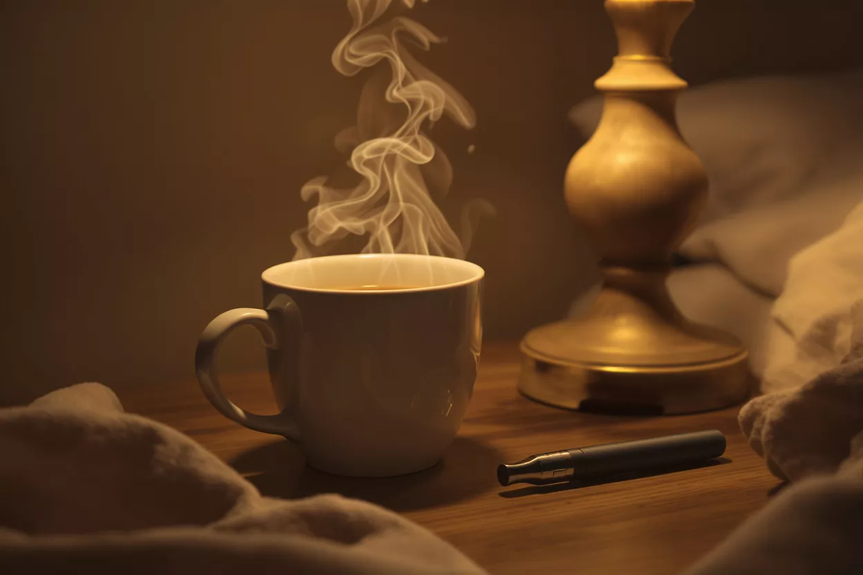 Tasse fumante, stylo vapeur et lampe sur une table de chevet la nuit.