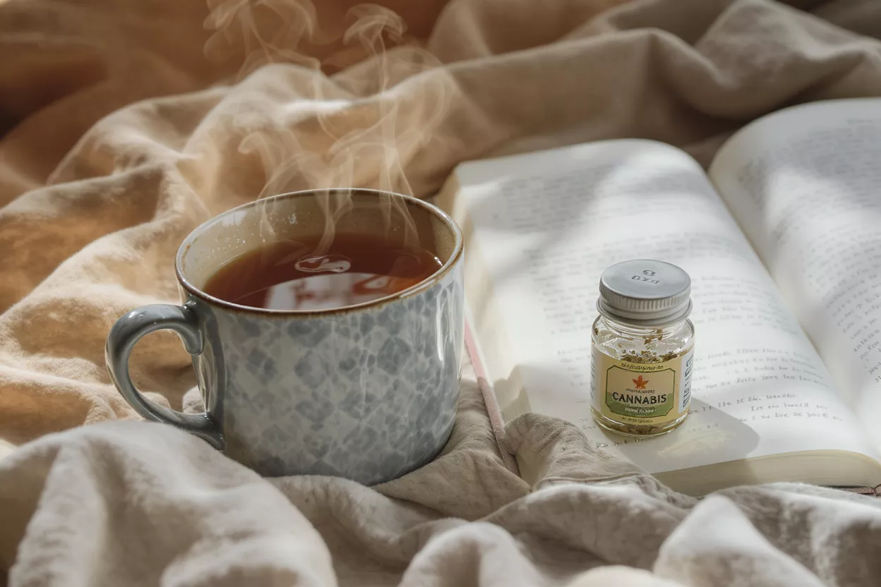 Steaming tea, cannabis jar, and open book on a cozy blanket.