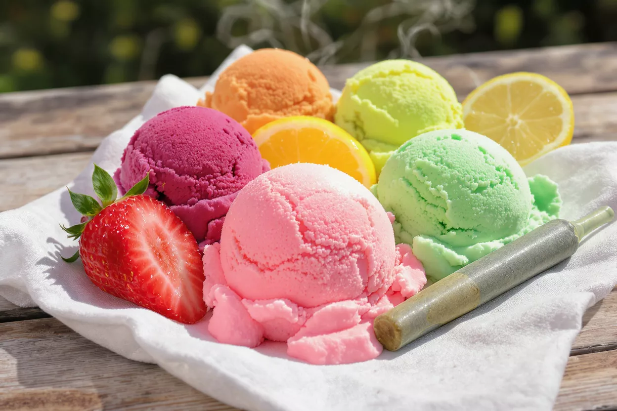 Brightly colored ice cream scoops with fruit and a cannabis joint on a white cloth.