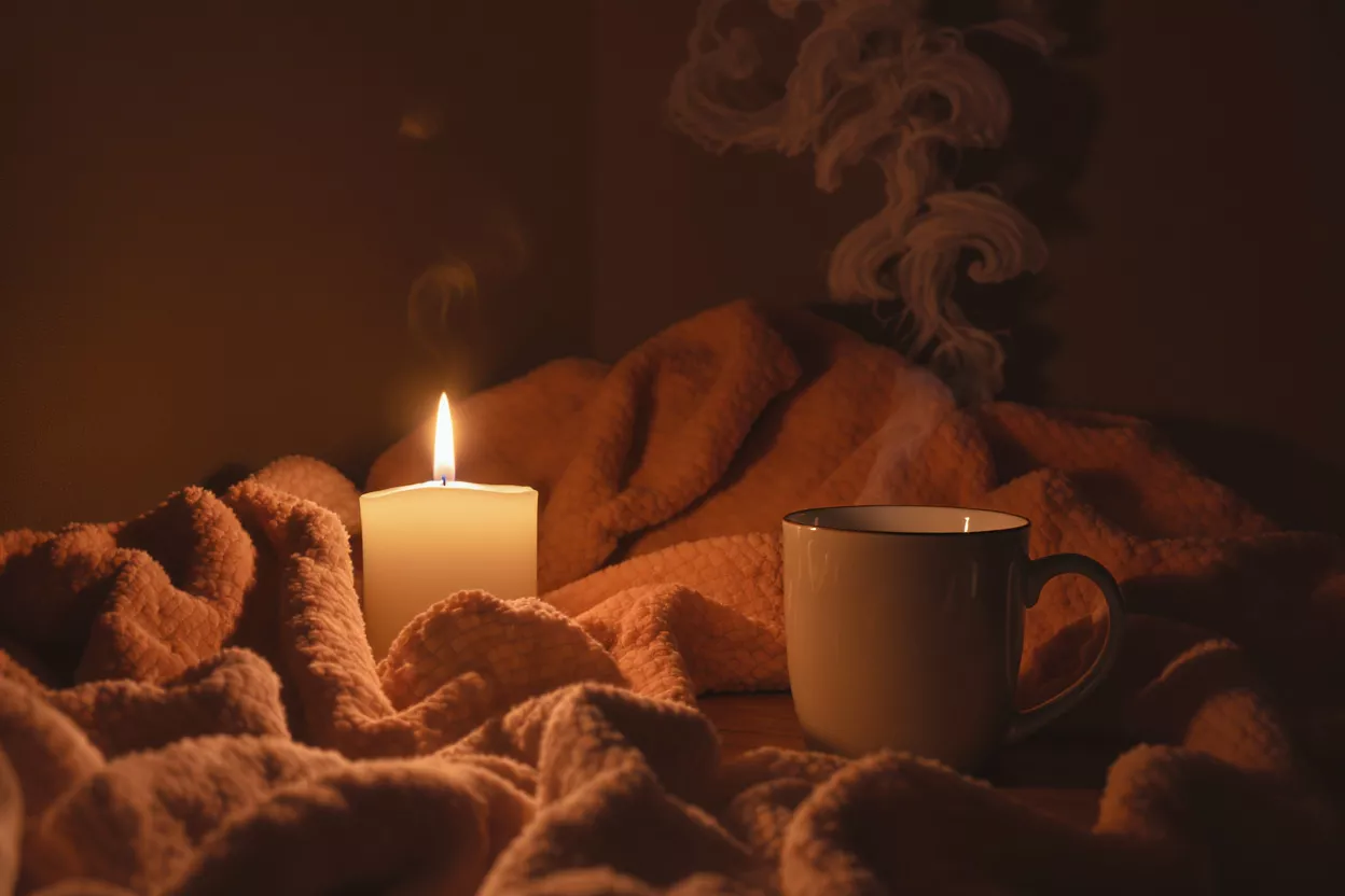 Una vela encendida, una taza humeante y una manta suave crean un ambiente acogedor y cálido.