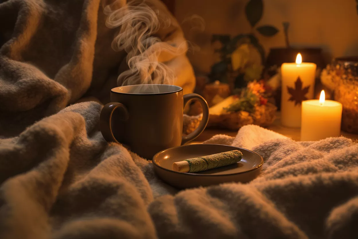 Steaming mug, cookie, and candles on a cozy blanket, creating a warm autumn ambiance.