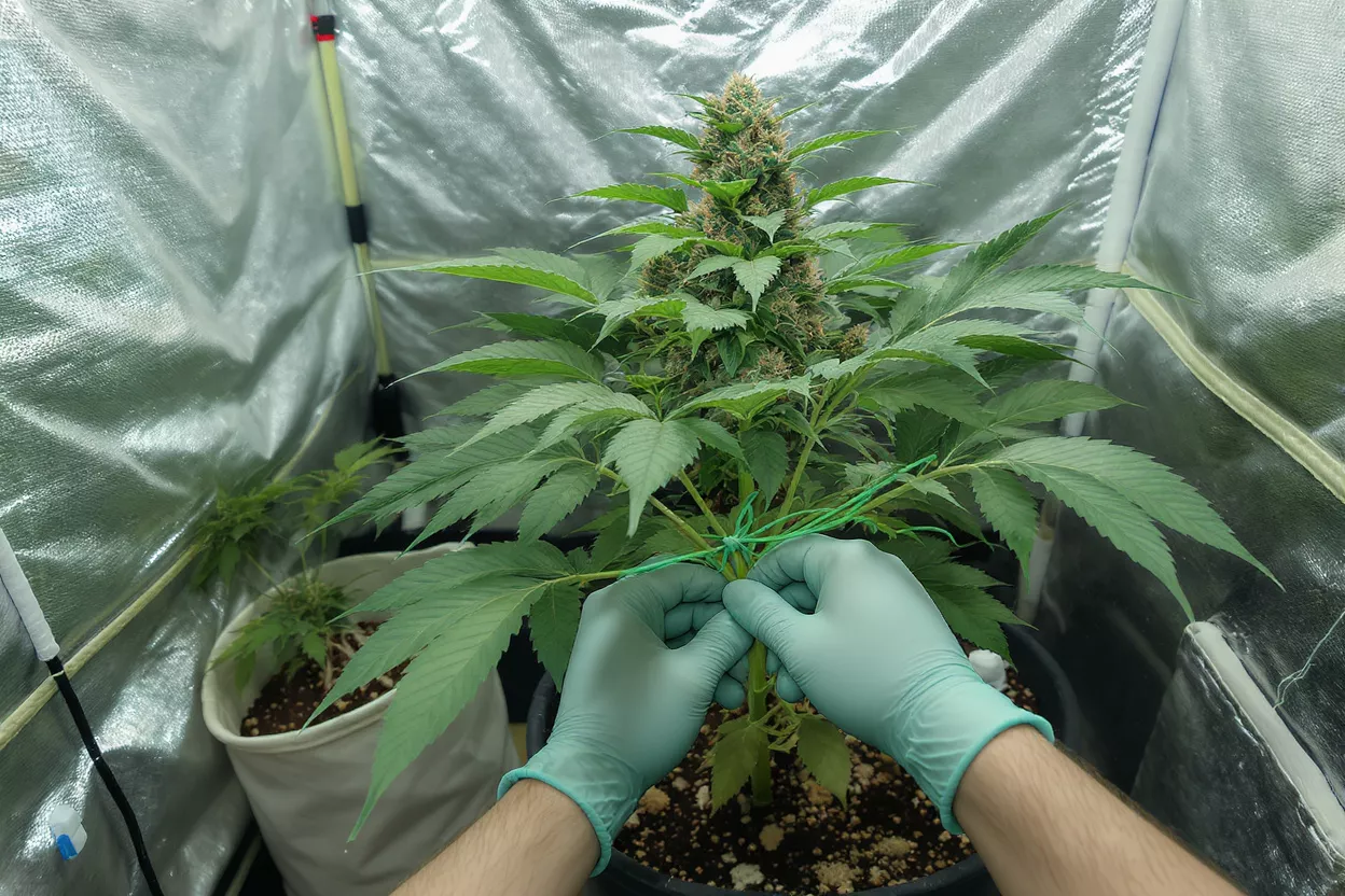 Manos con guantes atando una planta de cannabis en una carpa de cultivo para entrenamiento de bajo estrés.