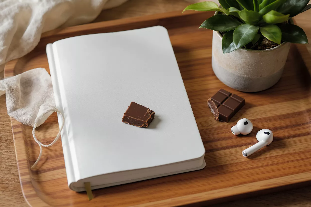 White notebook, chocolate, earbuds, and a plant on a wooden tray.