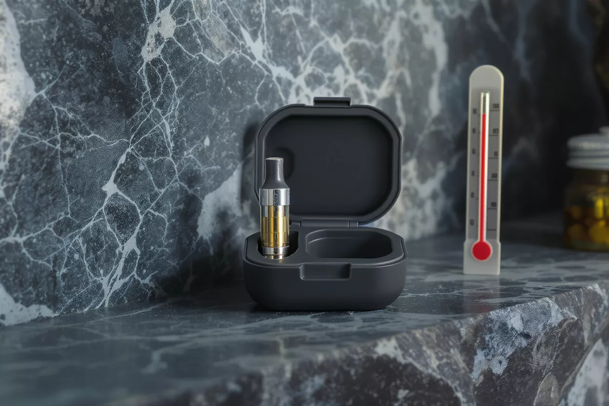 Vape cartridge in open black case next to a thermometer on a marble surface.