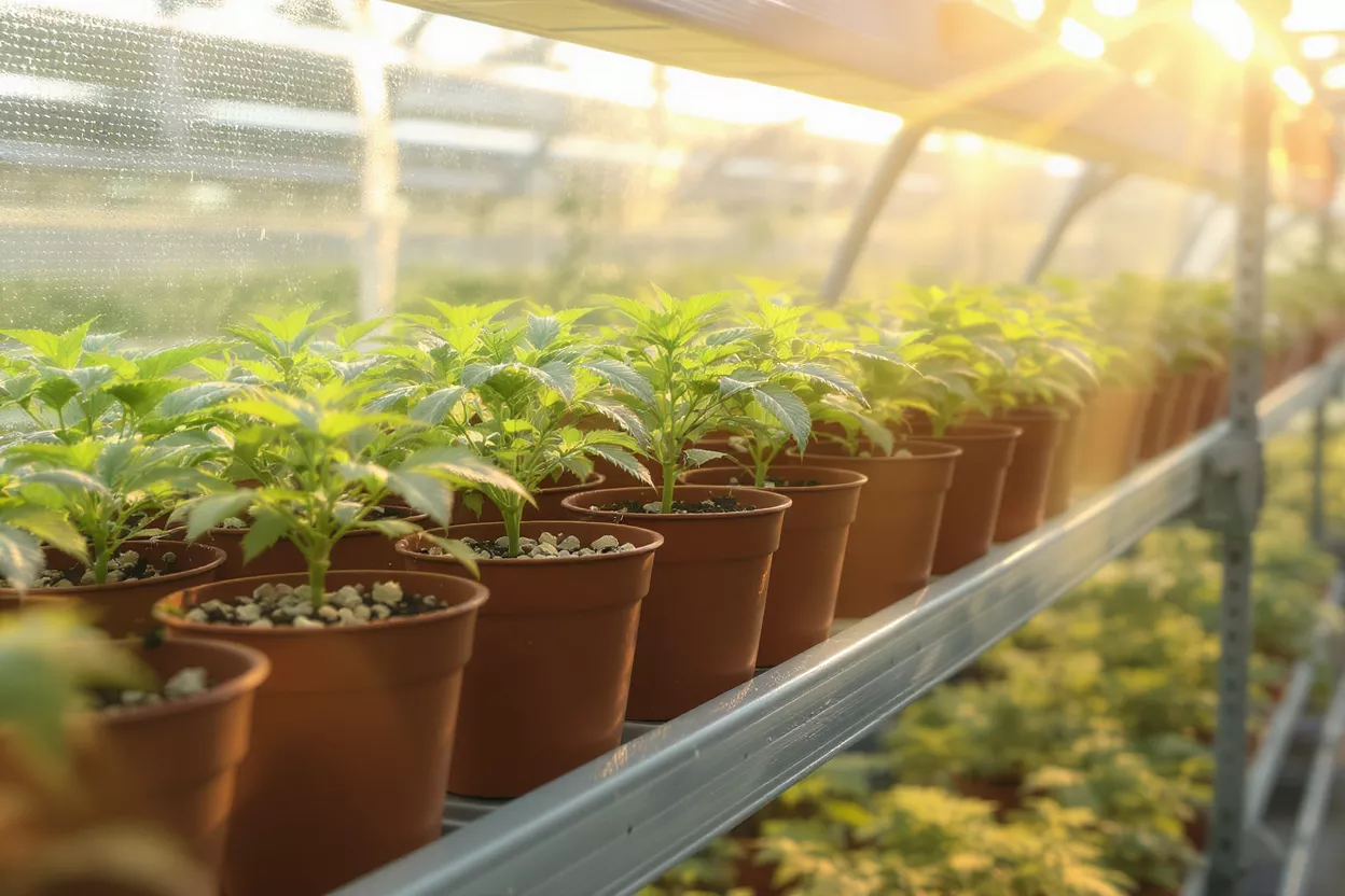 Rows of small green seedlings in brown pots inside a sunlit greenhouse.