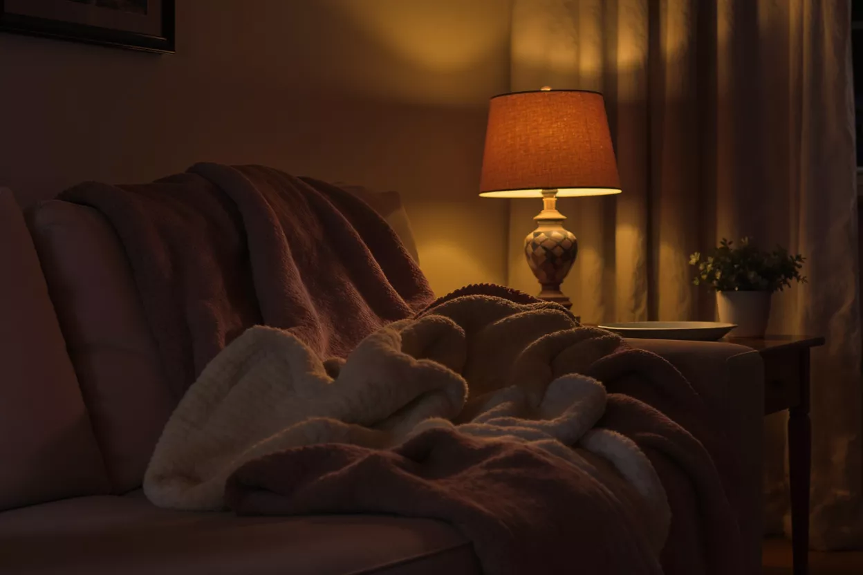 Warmly lit living room with a sofa, blankets, and a glowing table lamp.