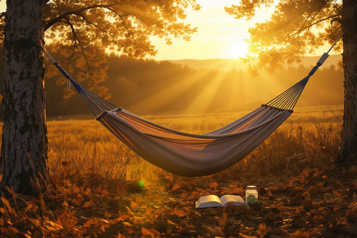 Hammock tied between two trees at sunset with a book and jar nearby.