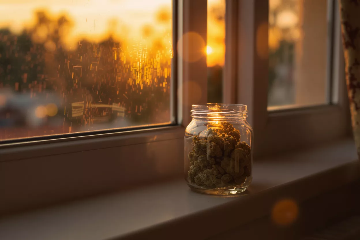 Glass jar filled with cannabis buds on a windowsill, bathed in golden sunset light.