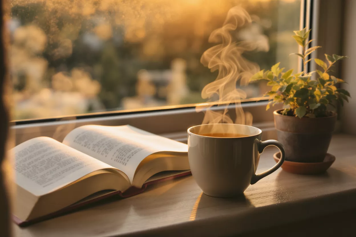 Steaming cup of coffee and open book on a sunlit window sill.