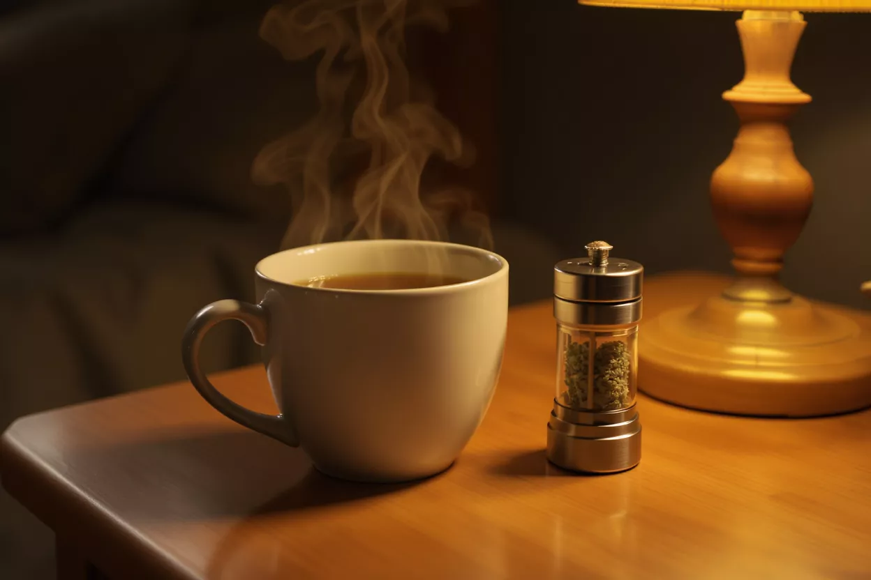Steaming mug next to an herb grinder on a wooden bedside table with a lamp.