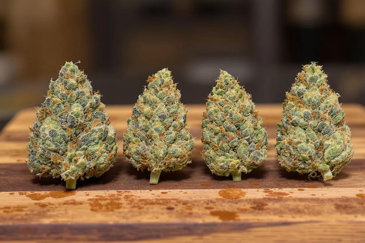 Four vibrant green and orange cannabis buds lined up on a wooden surface.