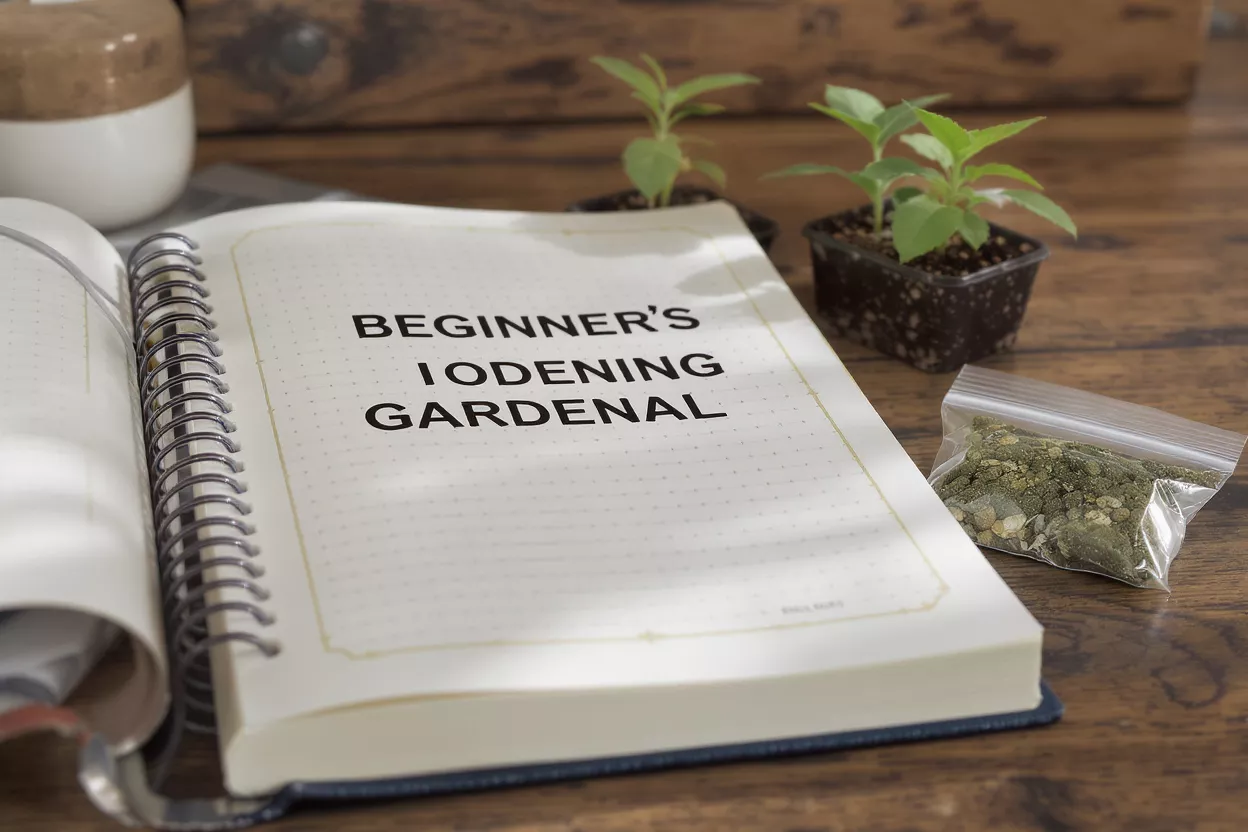 Open spiral notebook titled "BEGINNER'S IODENING GARDENAL" with seedlings and seeds.