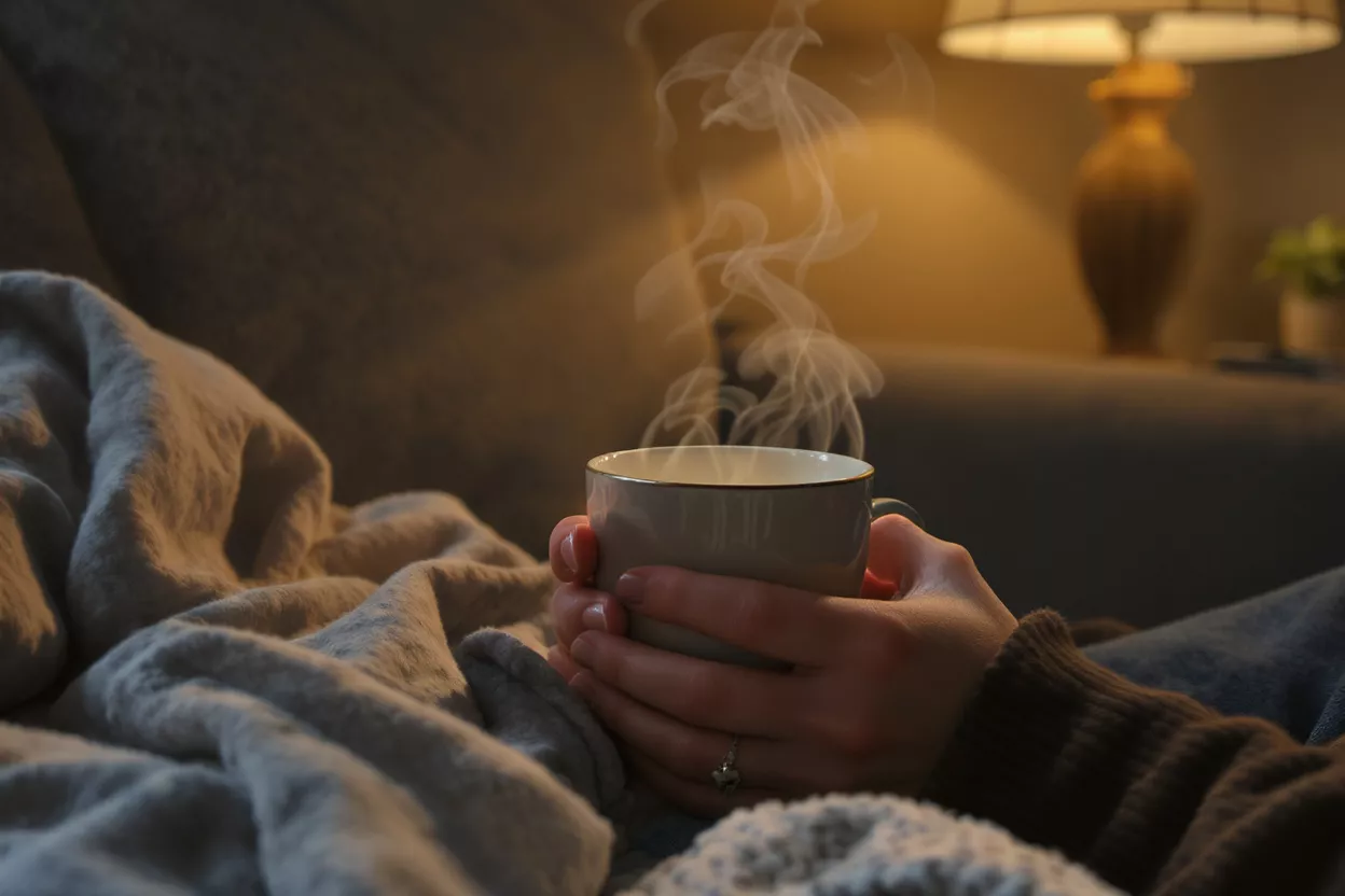Hands holding a steaming mug, cozy blanket, warm lamp light in background.