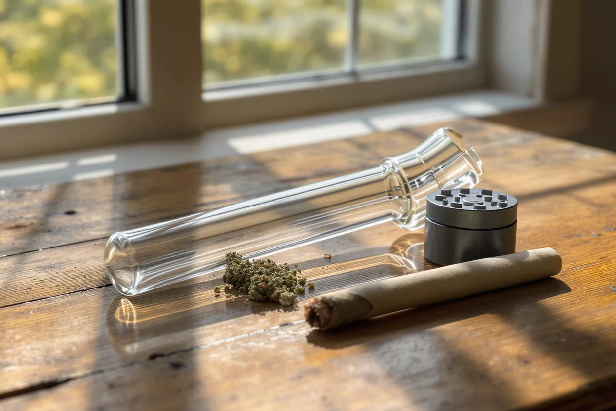 Glass pipe, grinder, ground cannabis, and blunt on a wooden table by a window.