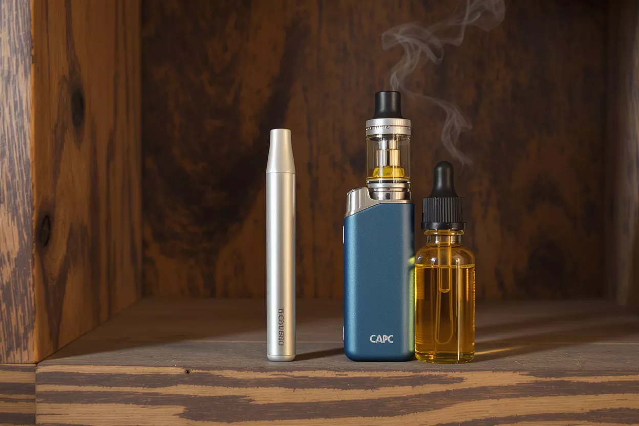 Two vape devices and an e-liquid bottle on a wooden shelf with smoke.