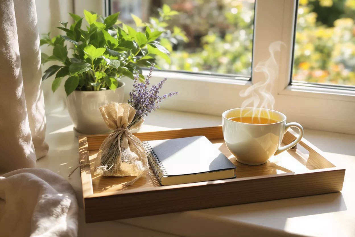 Steaming tea, lavender, notebook on tray by sunny window with plant.