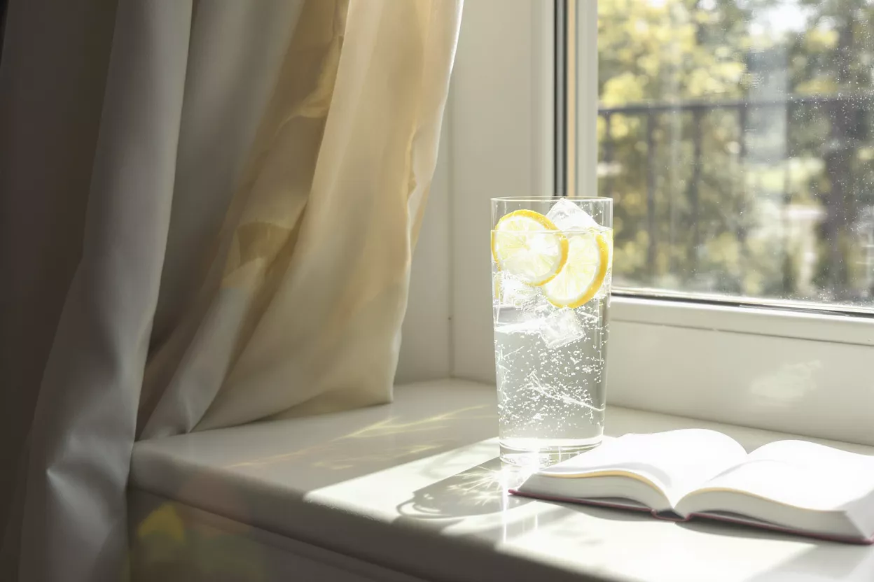Glass of lemon water, open book on sunlit windowsill with curtains.