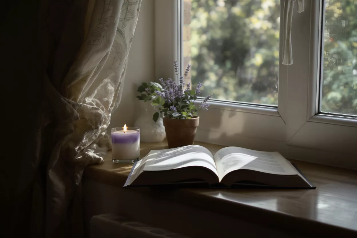 Open book, lit candle, and potted plant on a sunlit windowsill.