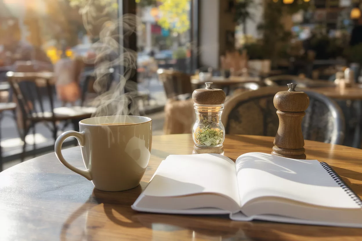 Steaming coffee mug, open notebook, and spice grinders on a cafe table.