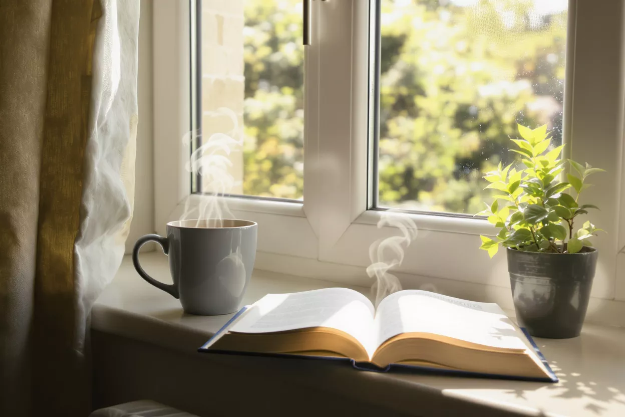 Steaming coffee, open book, and plant on a sunlit windowsill.