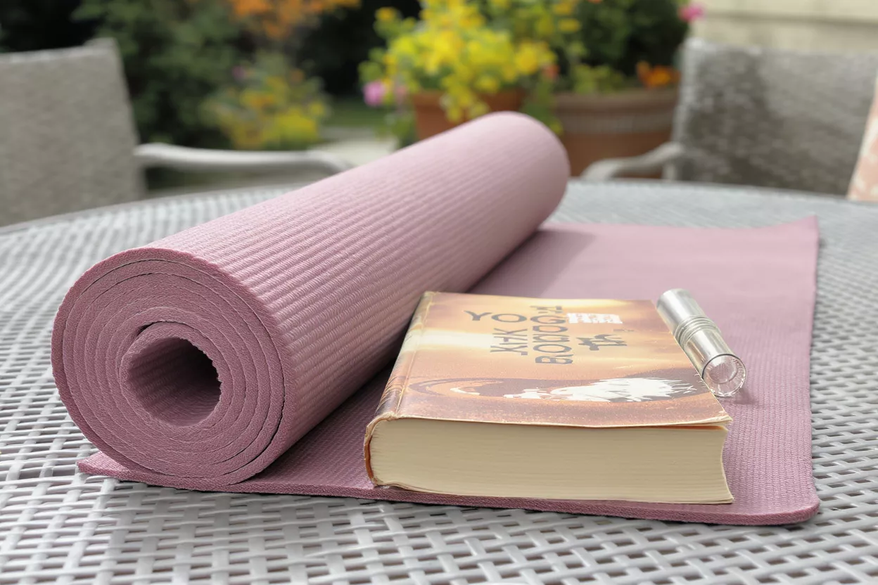 Pink yoga mat, book, and small vial on an outdoor table.
