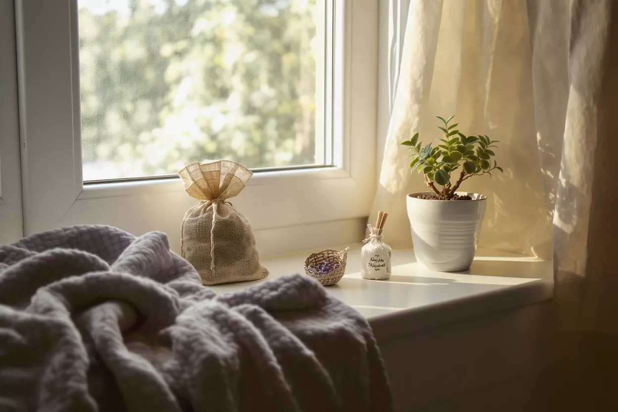 A cozy window sill with a blanket, plant, and scented items in sunlight.