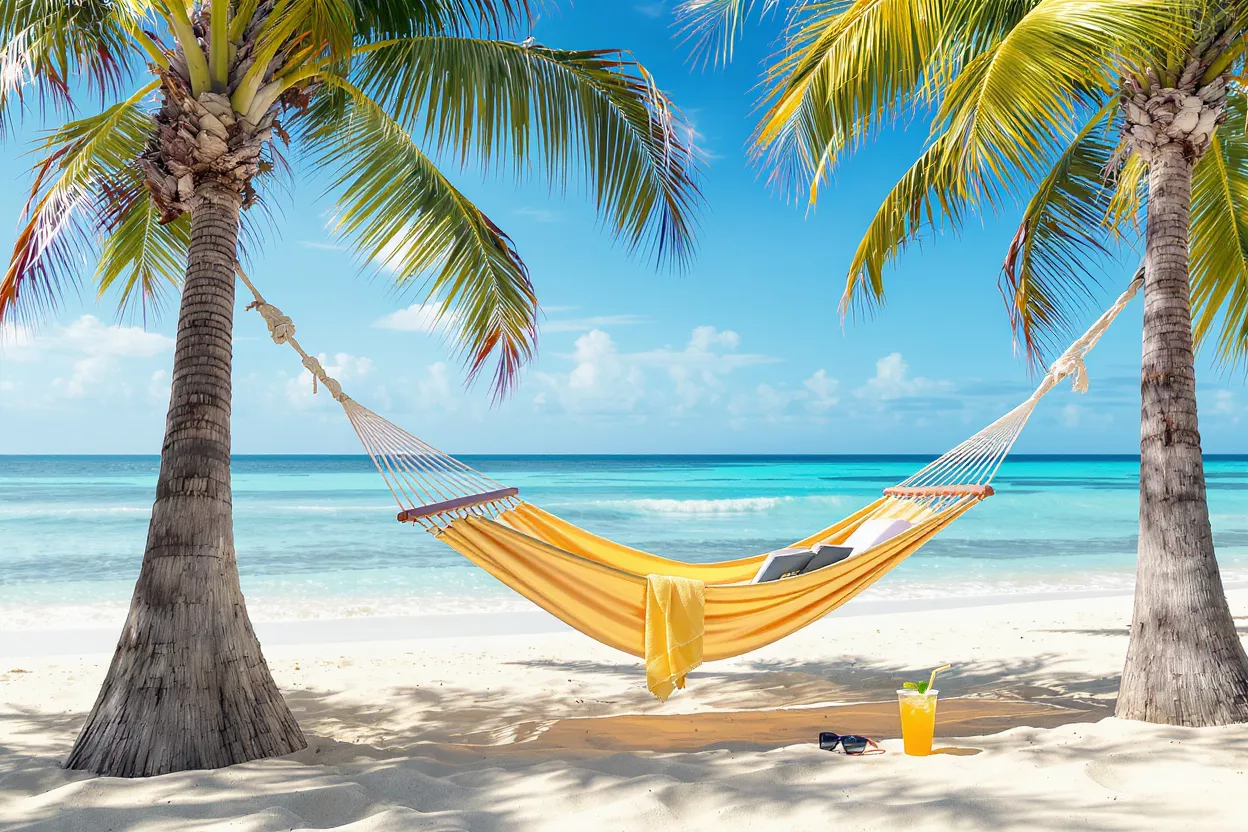 Yellow hammock between two palm trees on a white sand beach.