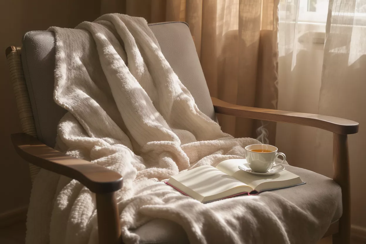Armchair with a warm blanket, open book, and steaming cup of tea.