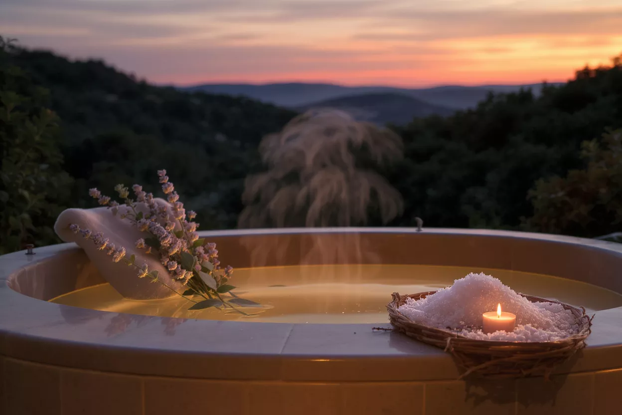 Steaming hot tub with lavender and bath salts against a beautiful sunset mountain backdrop.