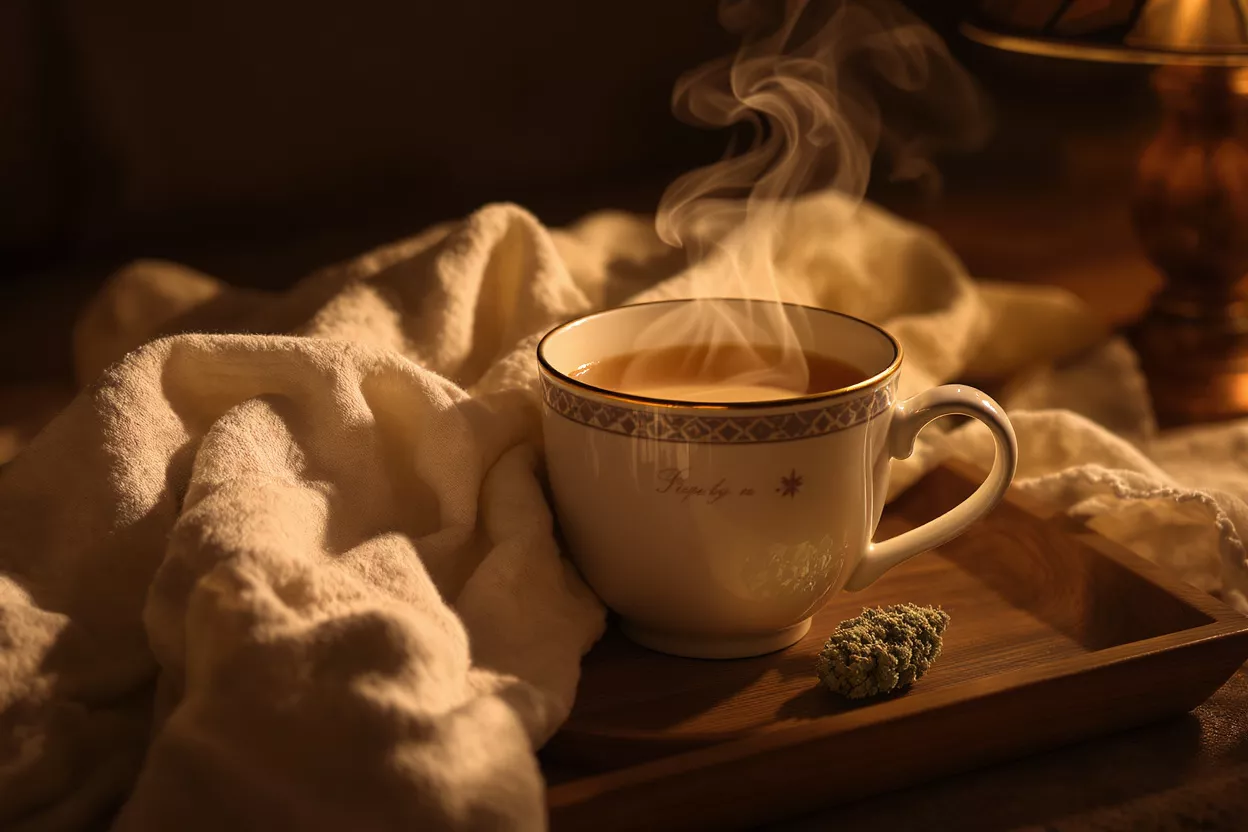 Steaming cup of tea and a cannabis bud on a wooden tray with a cozy blanket.