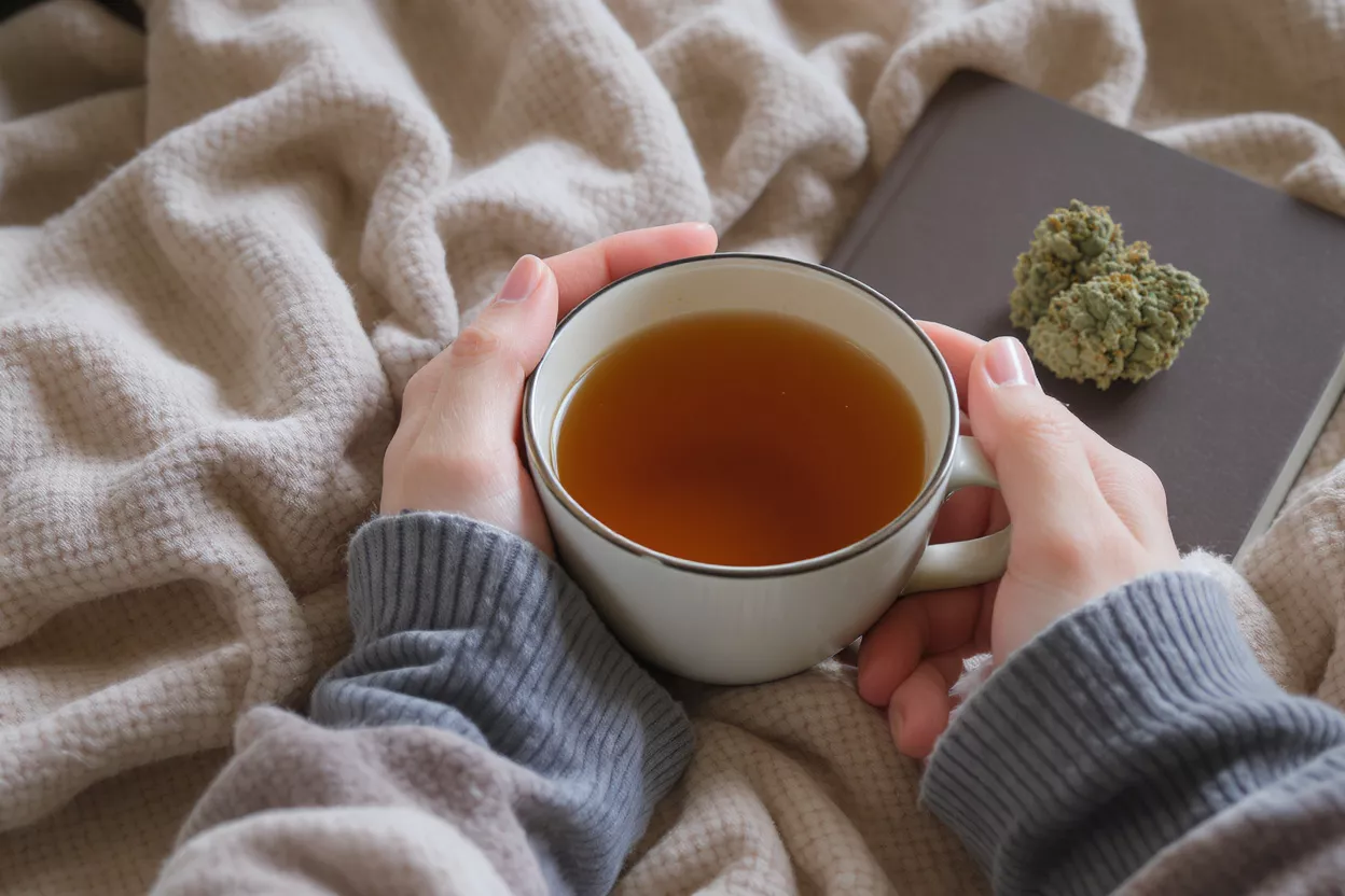 Relajación acogedora con té y cannabis Manos sosteniendo una taza de té con cogollos de cannabis sobre un libro y una manta.