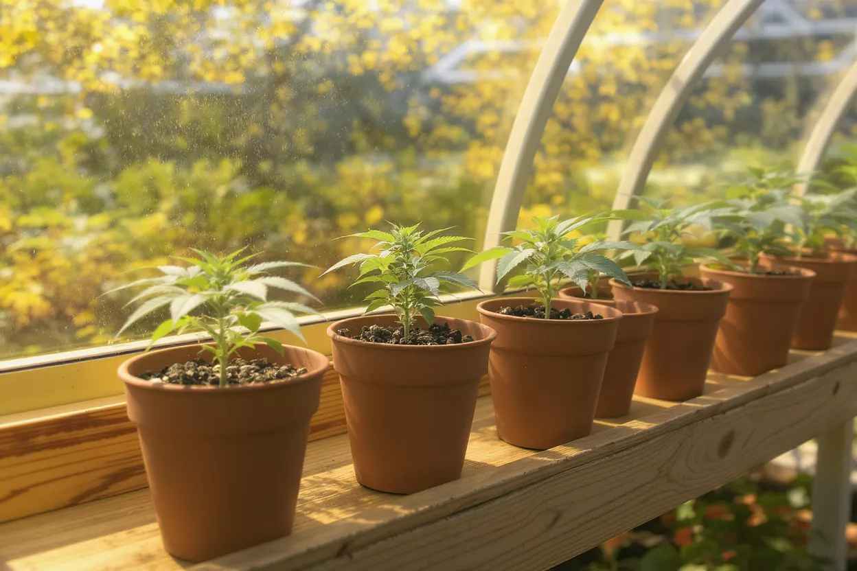 Row of small cannabis plants in terracotta pots inside a sunny greenhouse.