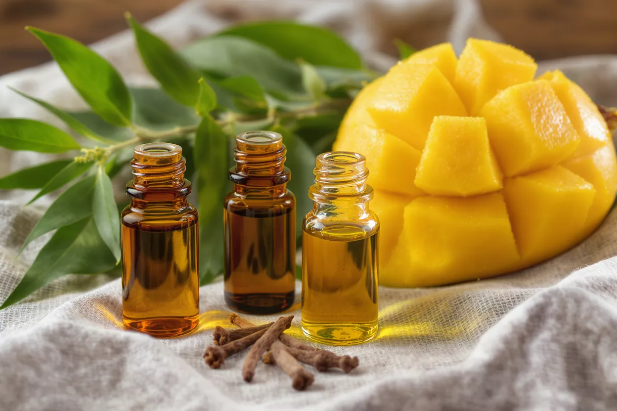 Huile Essentielle et Extrait de Mangue Trois flacons d'huile essentielle de mangue à côté d'une mangue fraîche coupée et de feuilles vertes.
