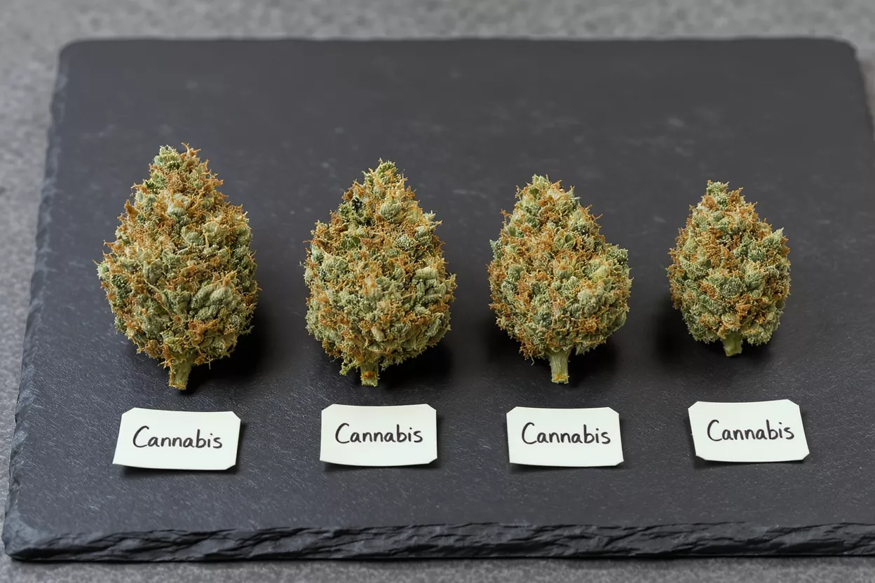 Four cannabis buds of varying sizes displayed on a dark slate tray with labels.