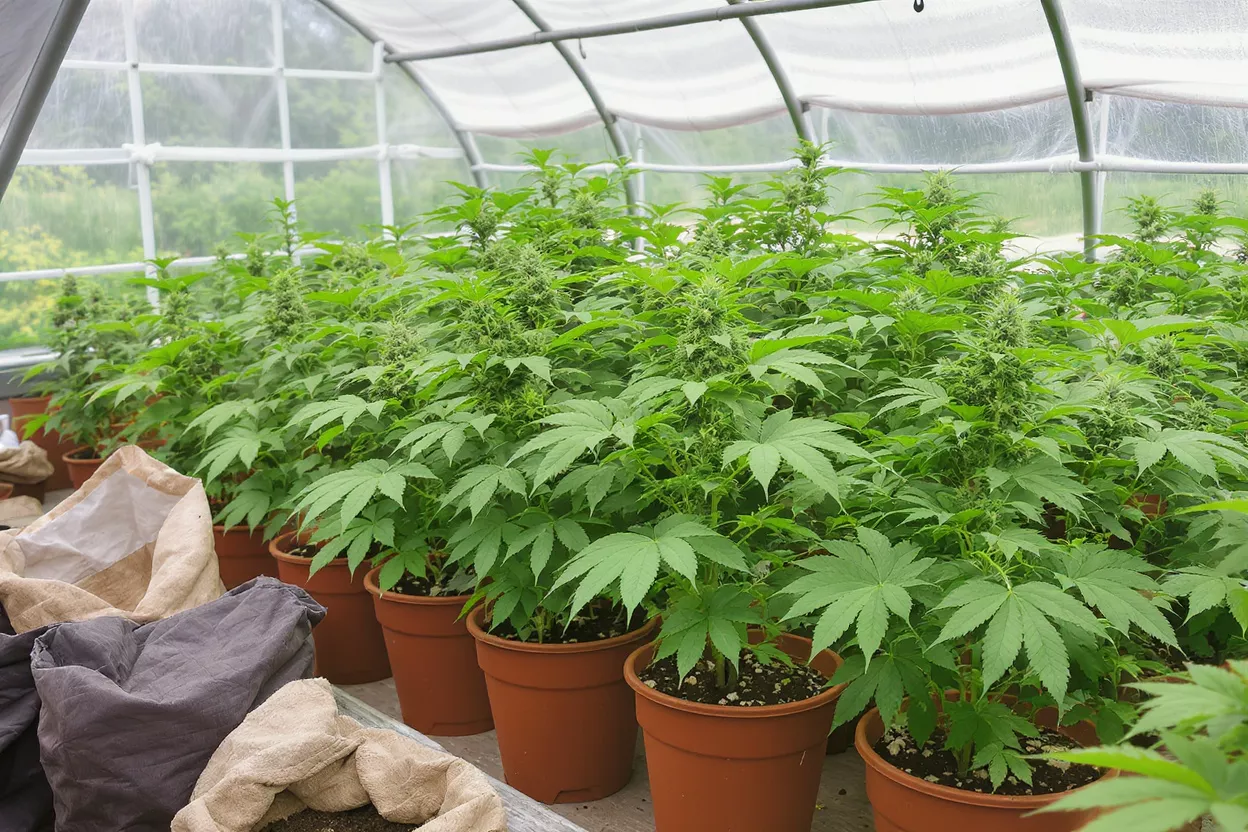 Rows of vibrant green cannabis plants growing in brown pots inside a greenhouse.