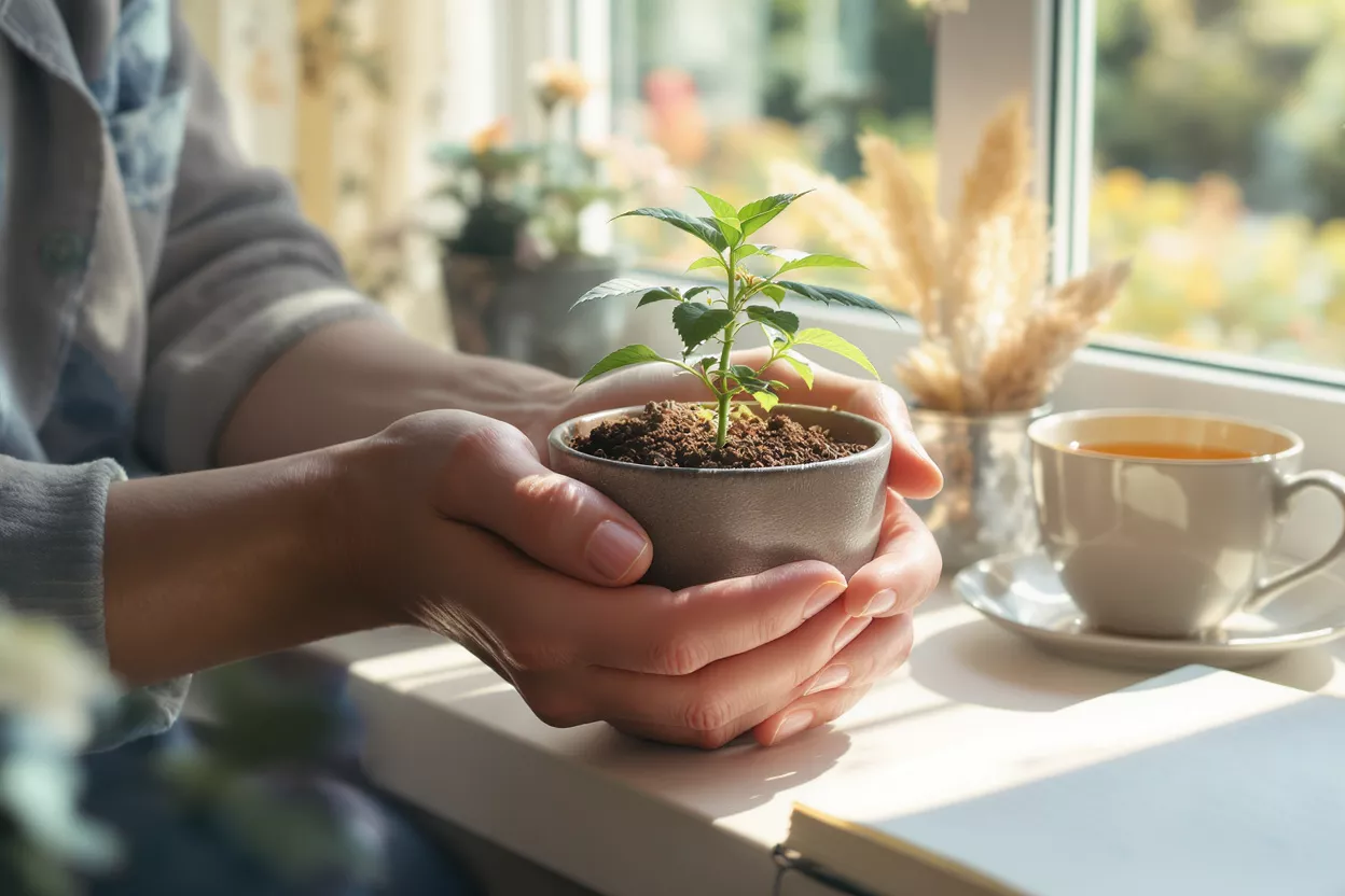 Close-up of hands gently holding a small potted plant on a sunlit windowsill.