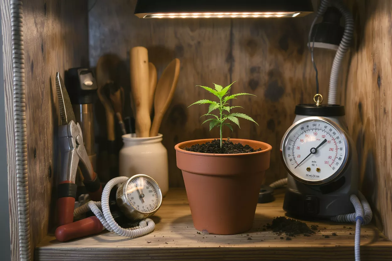 Plante de cannabis sous lampe de culture Petite plante de cannabis dans un pot en terre cuite sous une lampe de culture sur une étagère en bois.