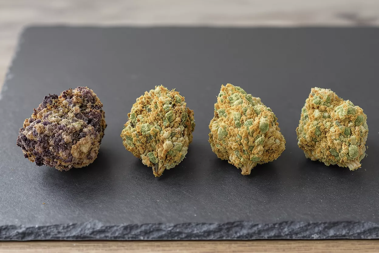 Four cannabis buds, one purple and three green, on a dark slate tray.