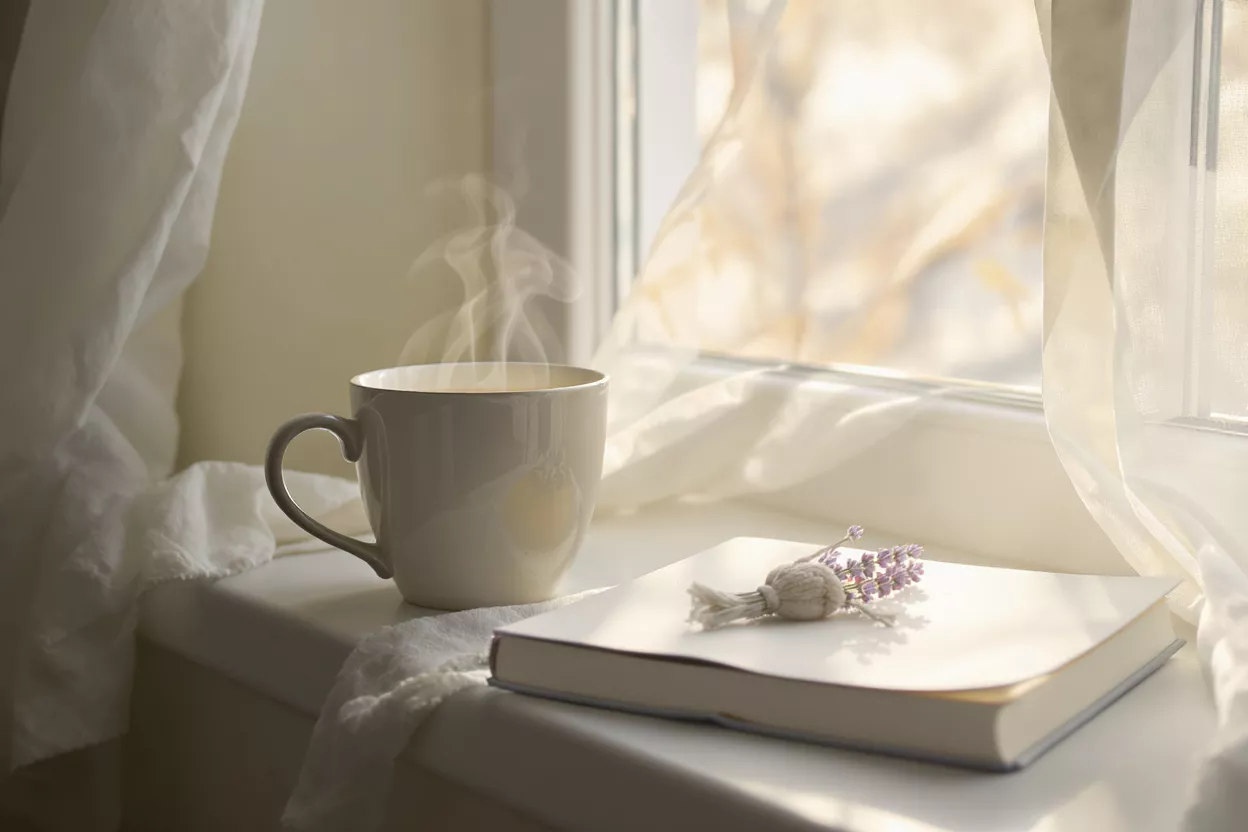 Scène cosy à la fenêtre avec café et livre Tasse de café fumante, livre et lavande sur un rebord de fenêtre ensoleillé avec des rideaux voilés.