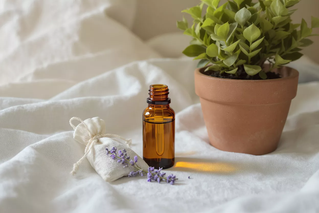 Amber essential oil bottle, lavender sachet, and potted plant on white fabric.