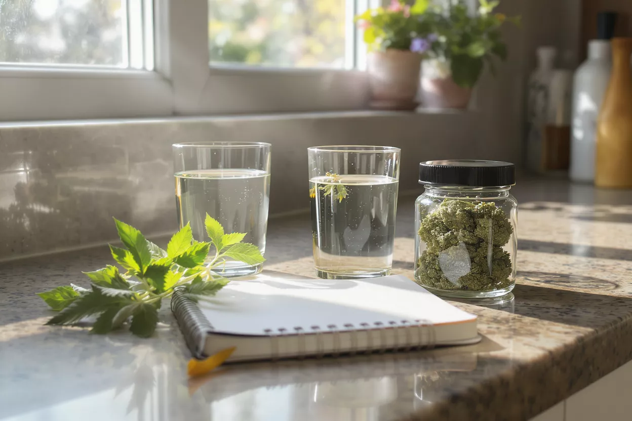 Cannabis buds in jar, two water glasses, notebook, and fresh leaves on counter.