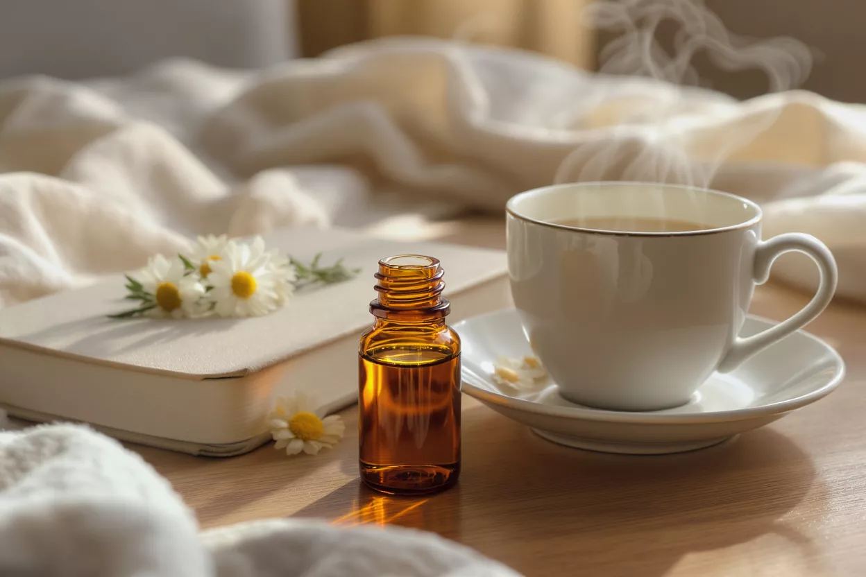 Amber essential oil bottle, chamomile flowers, steaming tea cup, and book on wood.