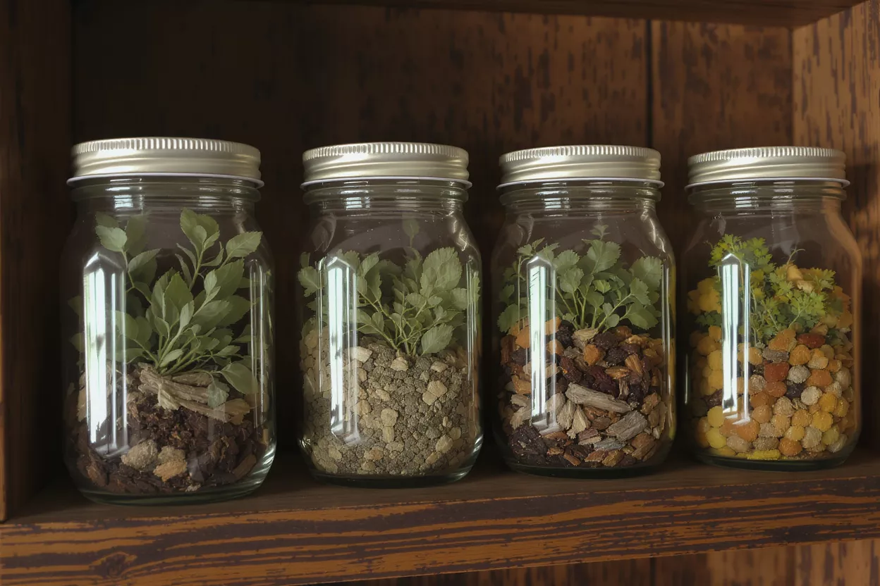 Four glass jars with plants and decorative elements on a wooden shelf.